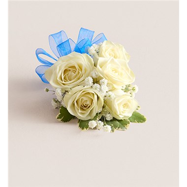 White Spray Corsagelg-Royal Blue Bow