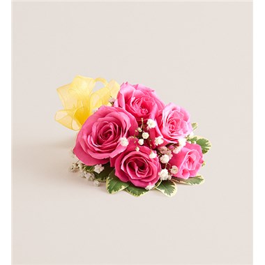 Hot Pink Spray Rose Corsage--Yellow Bow